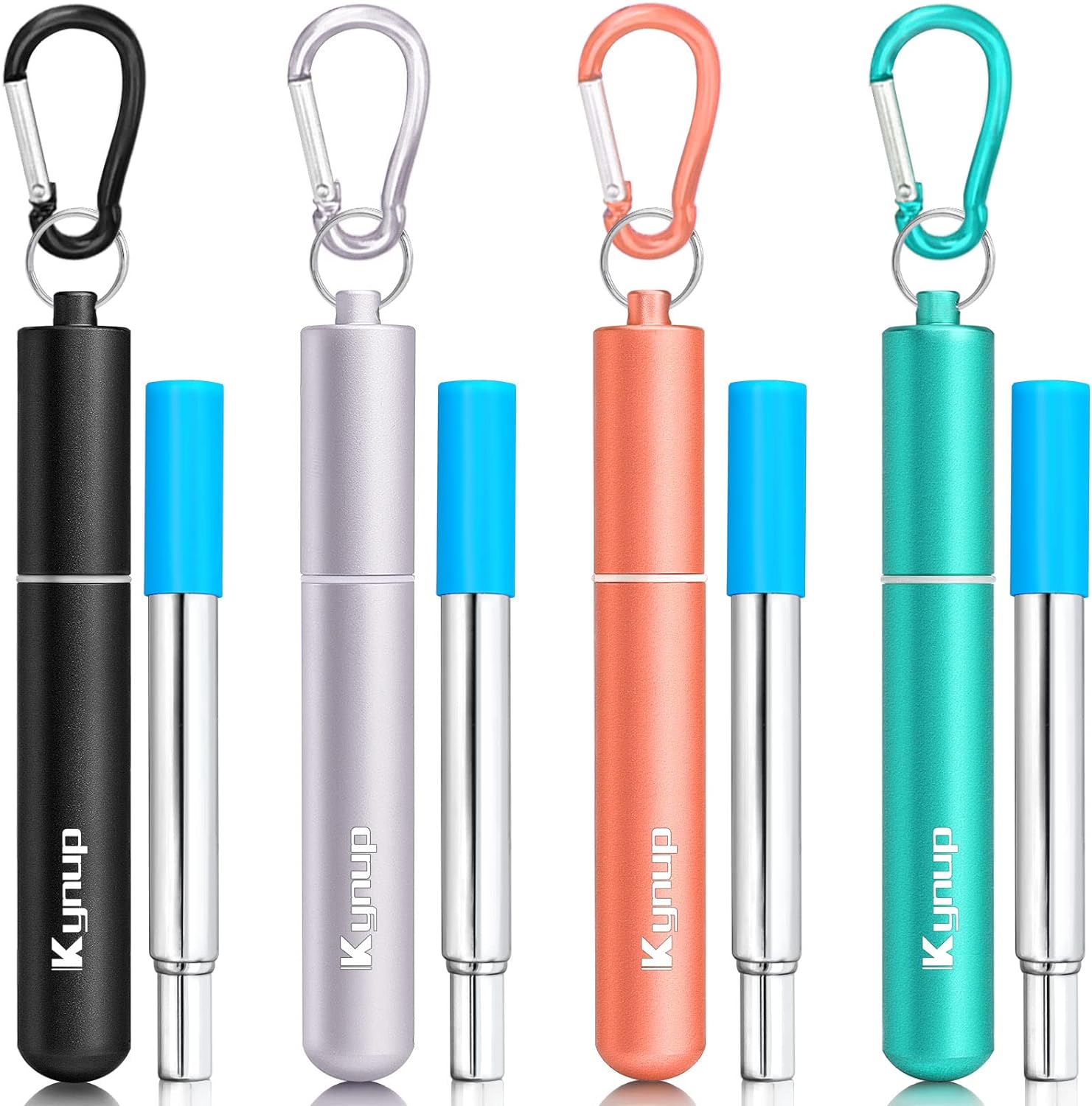 Kynup 4Packs Reusable Straws, Metal Straw with Silicon Pcs, Travel Drinking Straws with Metal Case, Keychain, Cleaning Brushes, Perfect for Travel, Gifts (20 PCS) Black Silver  Rose Gold Turquoise