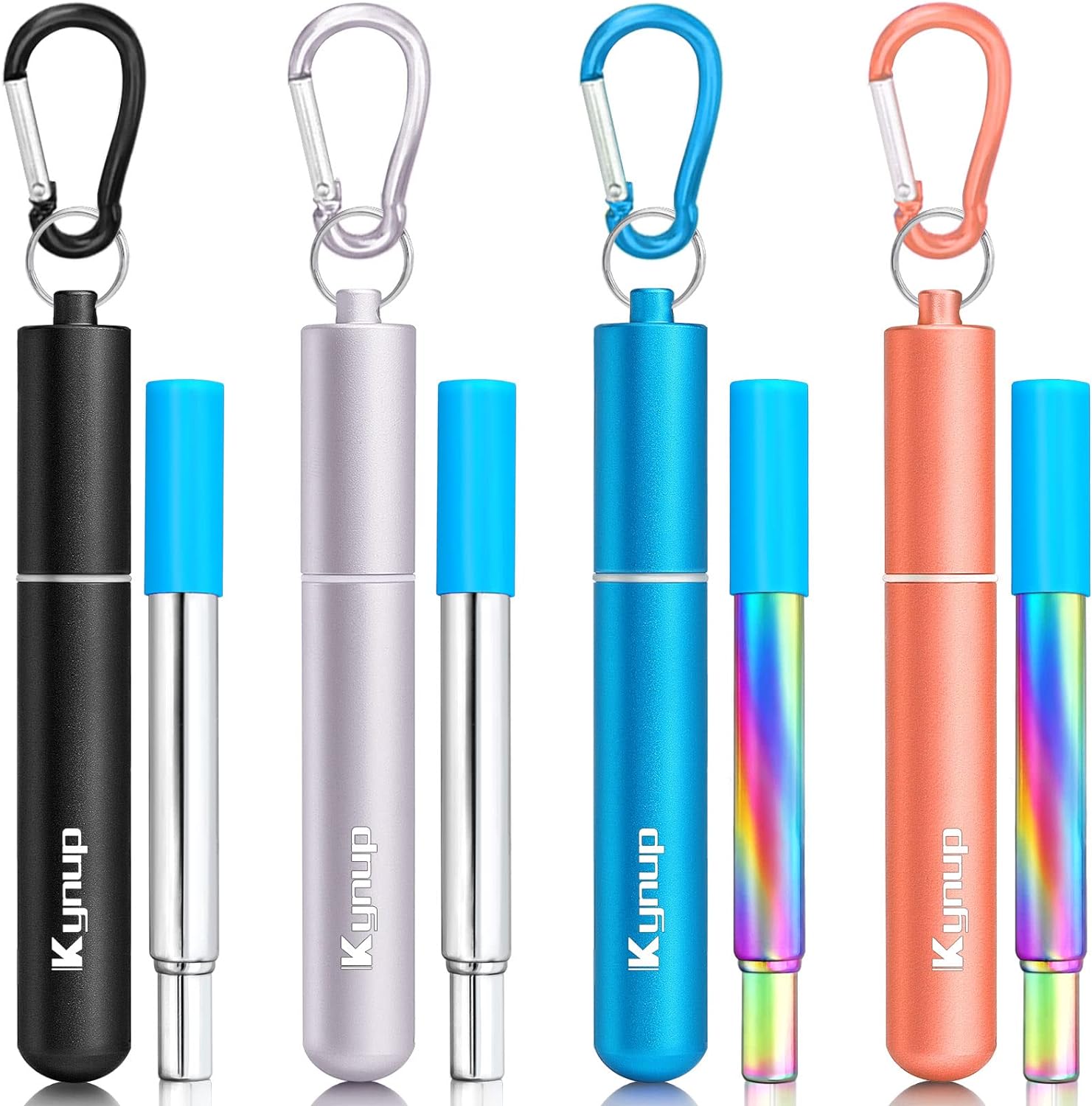 Kynup Reusable Straws, 4Pack Collapsible Portable Foldable Metal Straw Stainless Steel Drinking Travel Telescopic Straw with Case, Cleaning Brushes, Keychain Gifts (Blue-Black- Rose Gold-Silver)