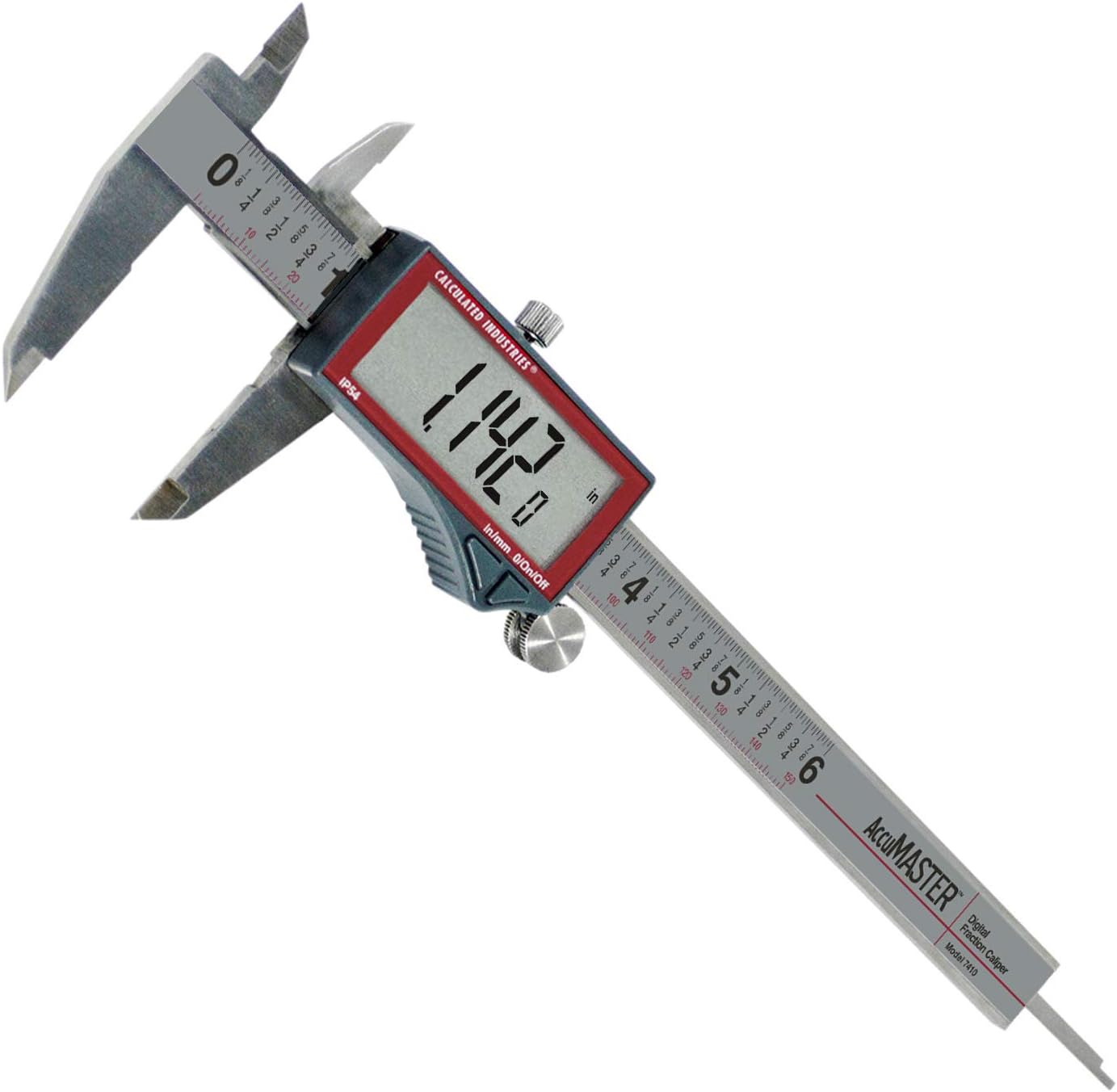 Calculated Industries 7410 AccuMASTER 6-Inch Digital Caliper, Fractional (1/64ths)   Inch   Metric with Largest Display Digits for Woodworkers | Stainless Steel | IP54 Splash/Dust Resistant | Auto-Off