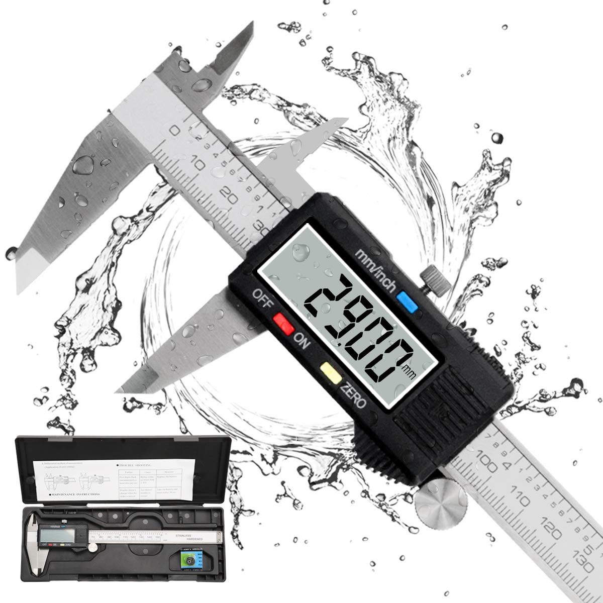 Caliper Measuring Tool, Qfun Vernier Digital Caliper Stainless Steel 6 Inch/150mm, Digital Micrometer Waterproof, Easy Switch from Inch to Millimeter, Large LCD Screen