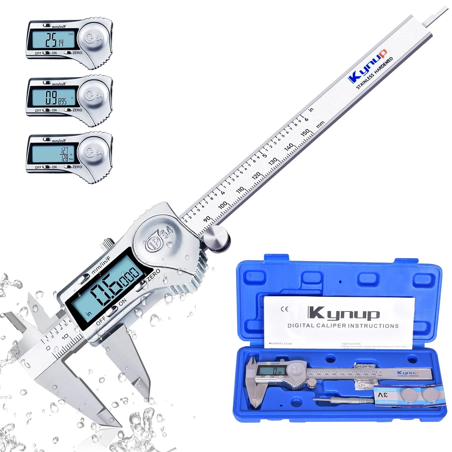 Kynup Digital Caliper, Calipers 6 Inch Measuring Tool with Stainless Steel, IP54 Splash Proof Protection Design, Easy Switch from Inch Metric Fraction, Large LCD Screen (150mm)