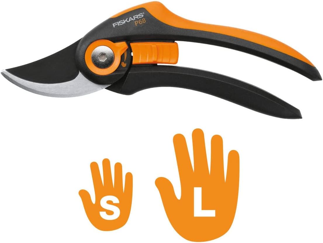 Fiskars SmartFit Pruner Bypass P68, Cutting Diameter Adjustable Up to 5/8 Cut, Steel Blades with Non-stick Coating/Fiberglass Reinforced Plastic Handles, Length:8 inches, Black/Orange, 391171-4001