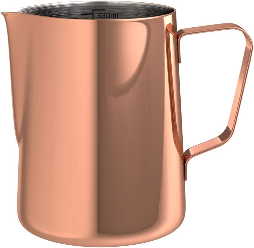 bonVIVO Muvo Stainless Steel Milk Jug With Copper Finish, Milk Frother Pitcher 12 Fl-Oz, Barista Tools Milk Frothing Pitcher With Practical Scale, Perfect for Cuban Coffee, Cappuccino Or Latte White