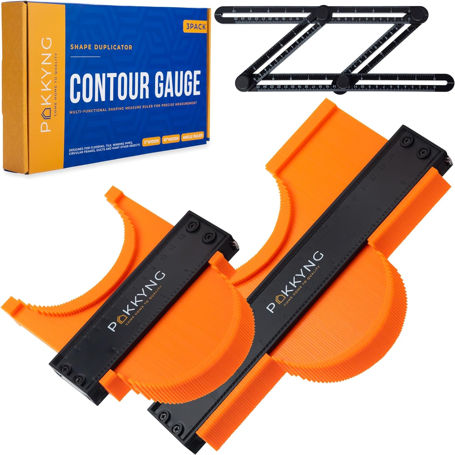 Contour Gauge Profile Tool With Lock - 3 Pack (10 5 Inch) Widen with Bonus Angle Ruler - Super Gauge Shape and Outline Tool- Contour Gauge Duplicator- Corner Measuring Tool for Odd Shapes