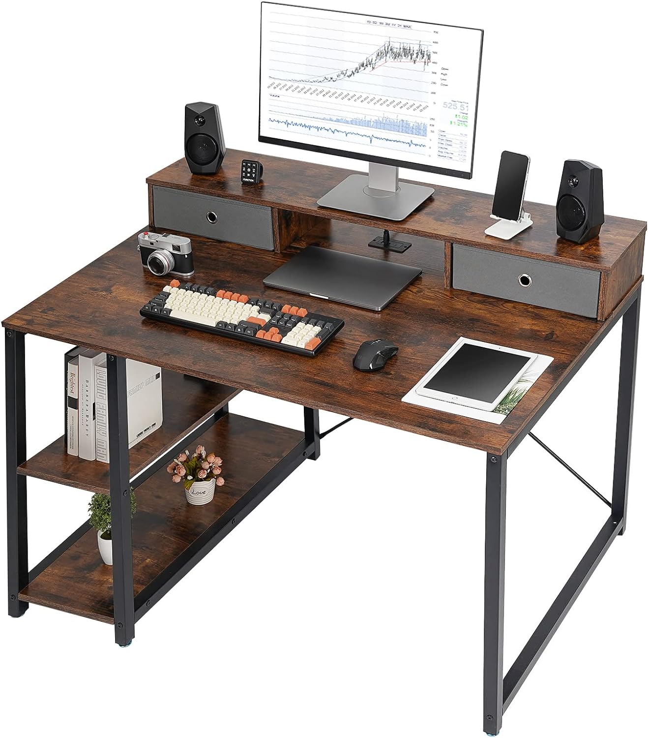 TOPSKY 47x 31.5 Computer Desk with Drawers, Monitor Stand, Storage Shelf, 3-Port Charging Station (Rustic Brown)