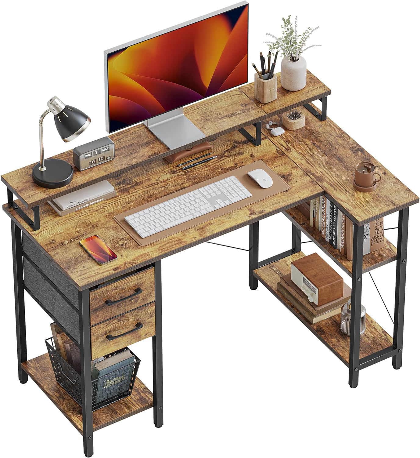 CubiCubi L Shaped Computer Desk with Monitor Stand & Shelves, 47 Inch Corner Home Office Desk Writing Table with Storage Drawer, Brown