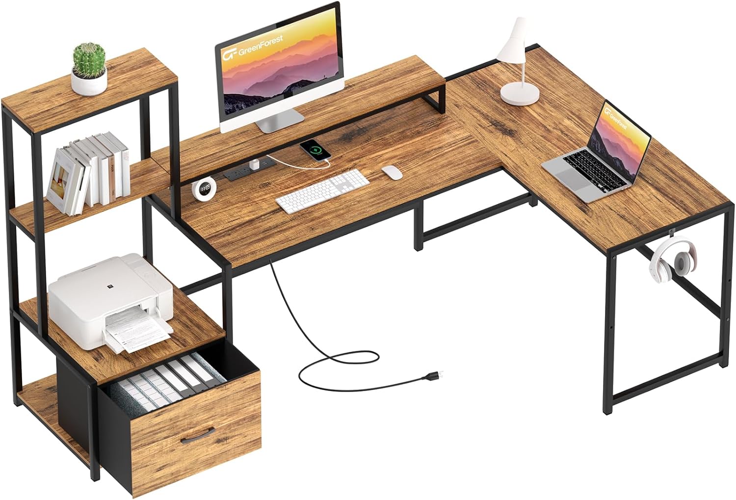 GreenForest 70 L Shaped Desk with Power Outlets & Printer Shelf,Reversible Computer Desk with Drawers & Monitor Stand,Home Office Desk with Large Storage Space for Gaming Writing,Walnut