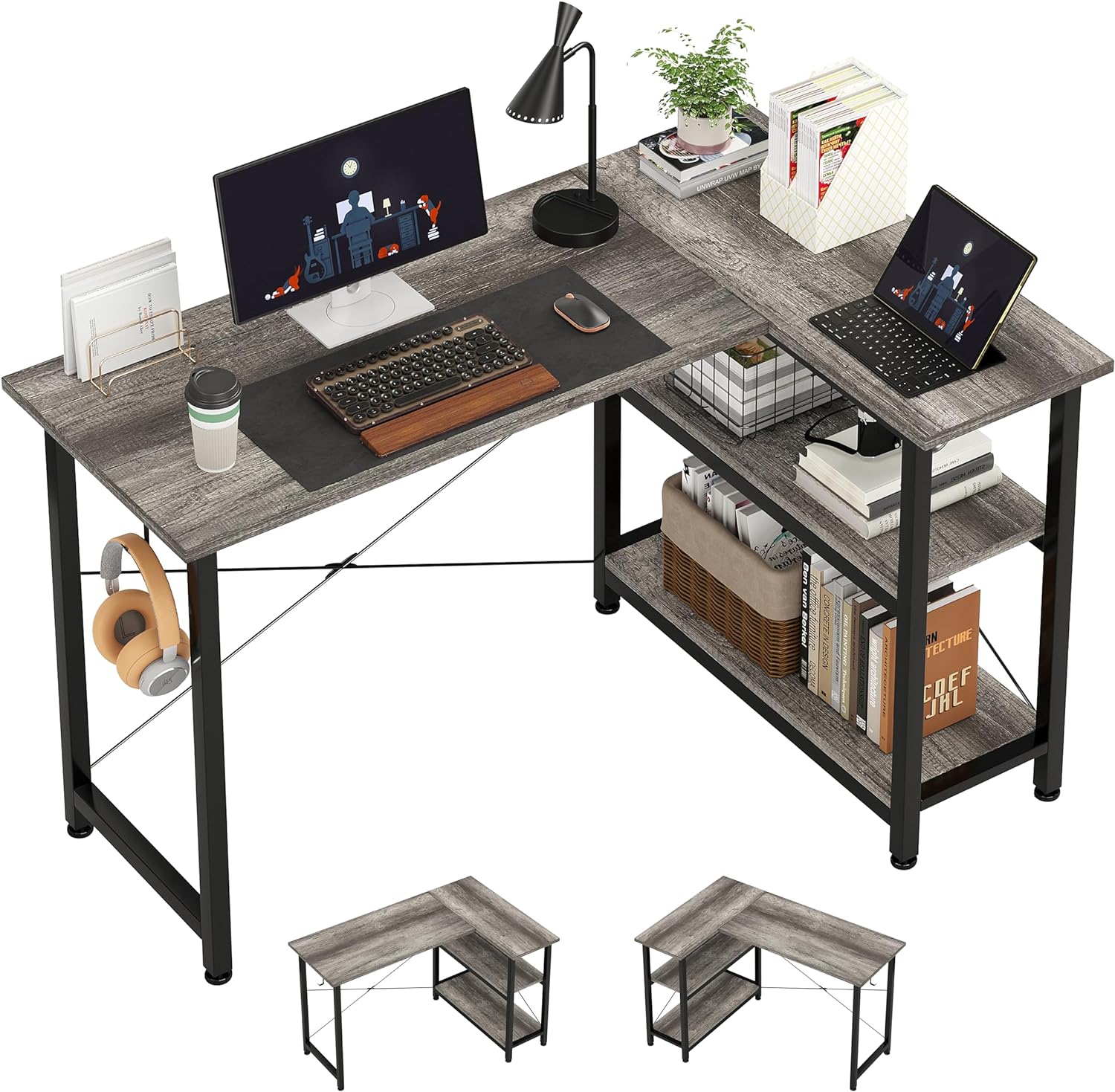 COTUBLR L Shaped Computer Desk, 47 Inch Small Corner Desk with Storage Shelves, Computer Desk Table Laptop Table Writing Desk Study Table for Home Office Workstation Small Spaces (Grey Oak)