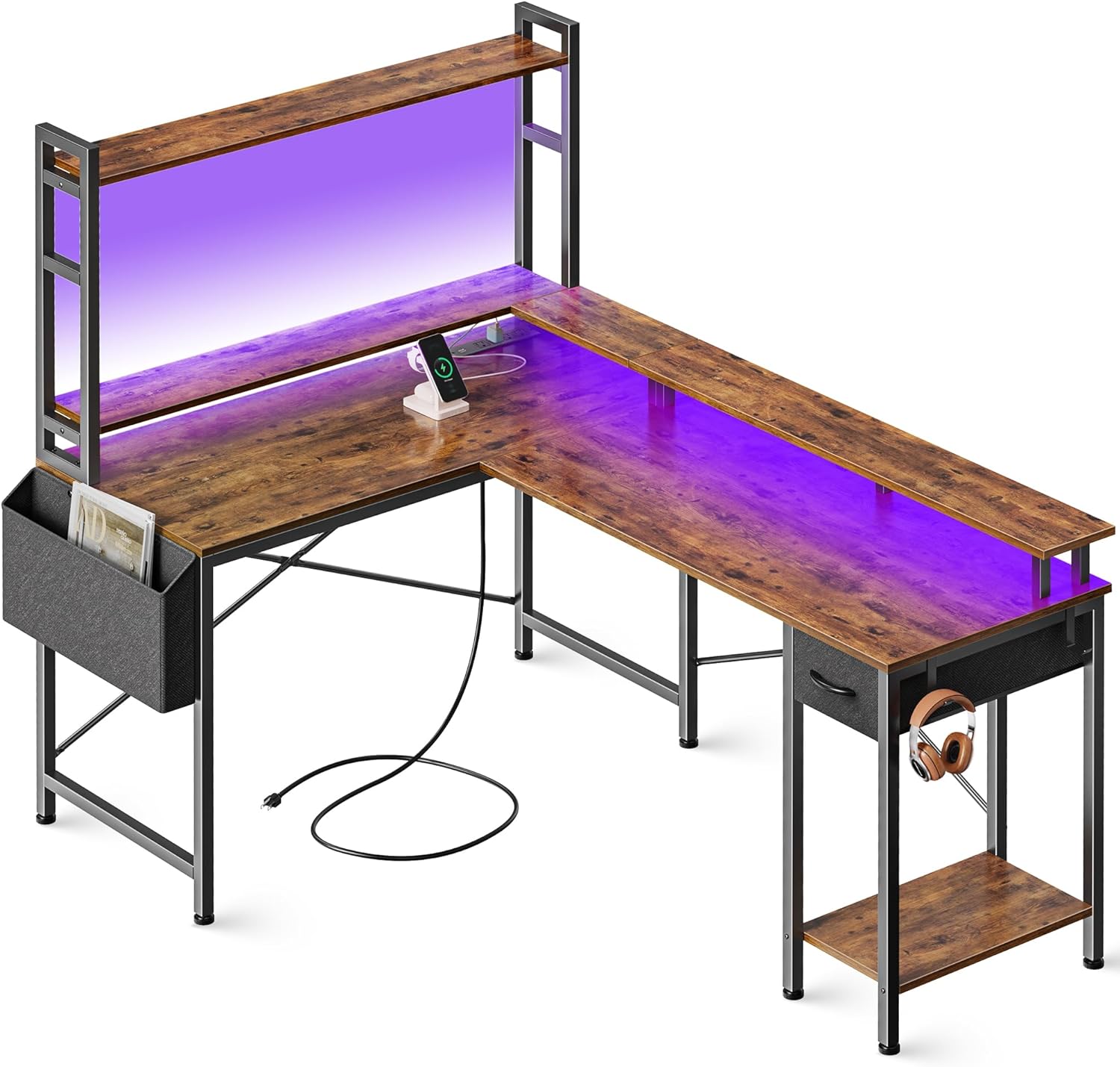 L Shaped Desk Computer Desk with LED Lights & Power Outlets, Gaming Desk with Storage Shelves, Corner Desk Home Office Desks for Bedroom, Rustic Brown