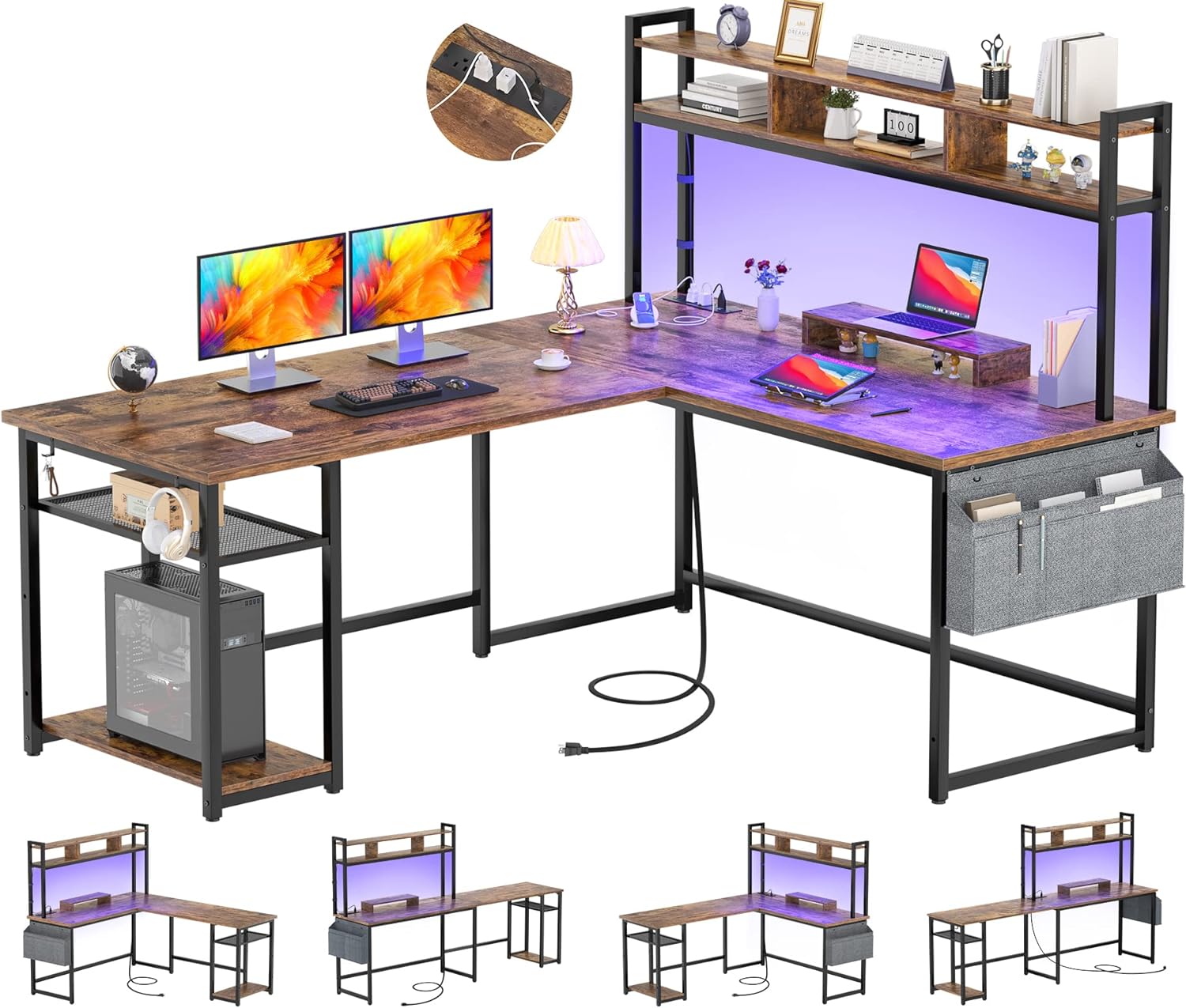 Aheaplus L Shaped Desk with Power Outlet & LED Strip, Reversible L-Shaped Corner Computer Desks Gaming Desk with Storage Shelf & Monitor Stand, Modern Home Office Desk, Writing Desk, Rustic Brown