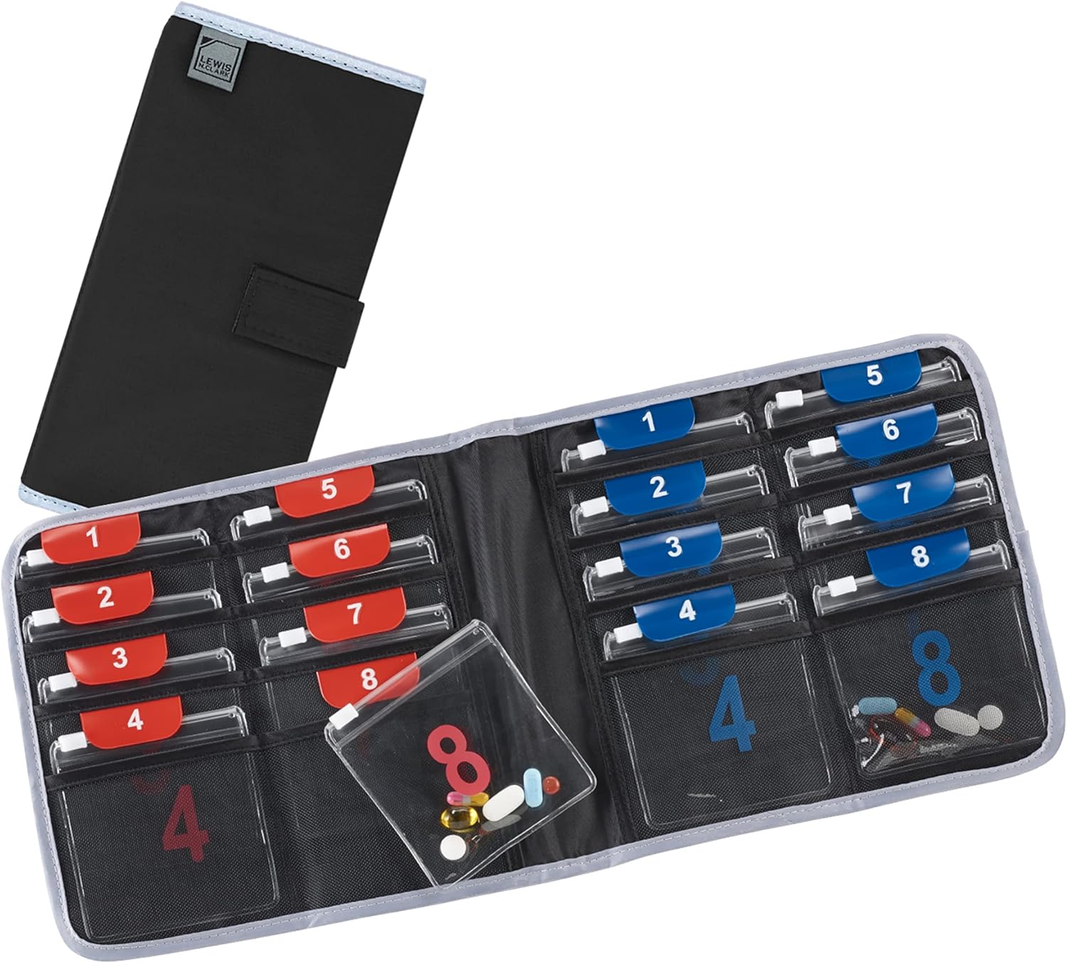 Lewis N. Clark Travel Pill Organizer | For Vitamins, Medication, Prescriptions, Or Medicine Storage | AM/PM Color Coded | 16 Slot Slimline Pouch | Black