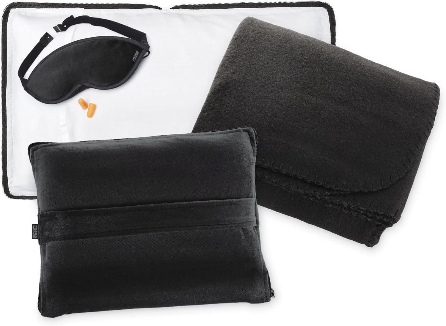 Lewis N. Clark Ultimate Comfort Set   Portable Travel Kit for Airplane, Includes Inflatable Pillow   Zippered Carrying Case, Cozy Fleece Blanket, Eye Mask for Sleeping & Foam Ear Plugs, Black