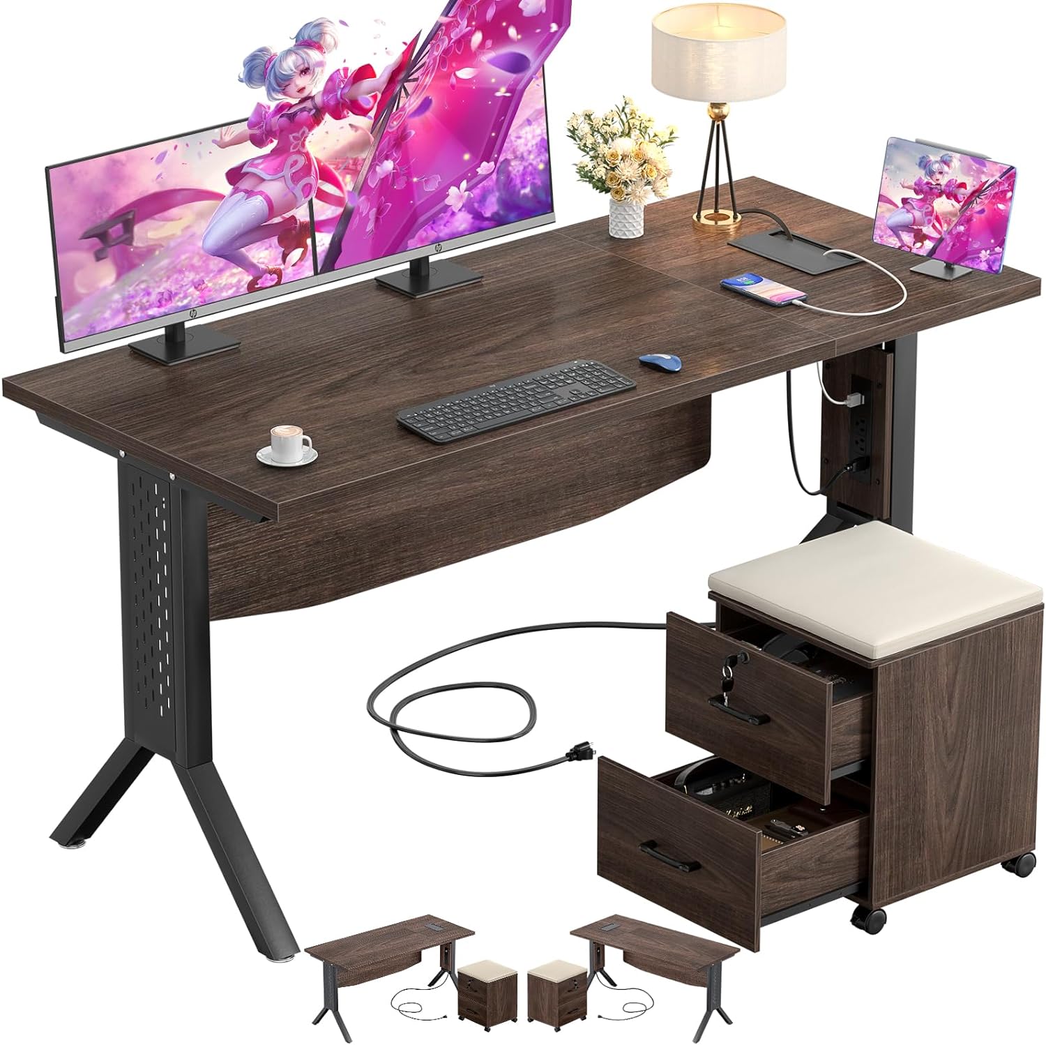 armocity 55 Gaming Computer Desk with Rolling End Table, Large Home Office Desk with File Cabinet, Sturdy Gaming Desk with Thick Desktop for Home Office, Walnut