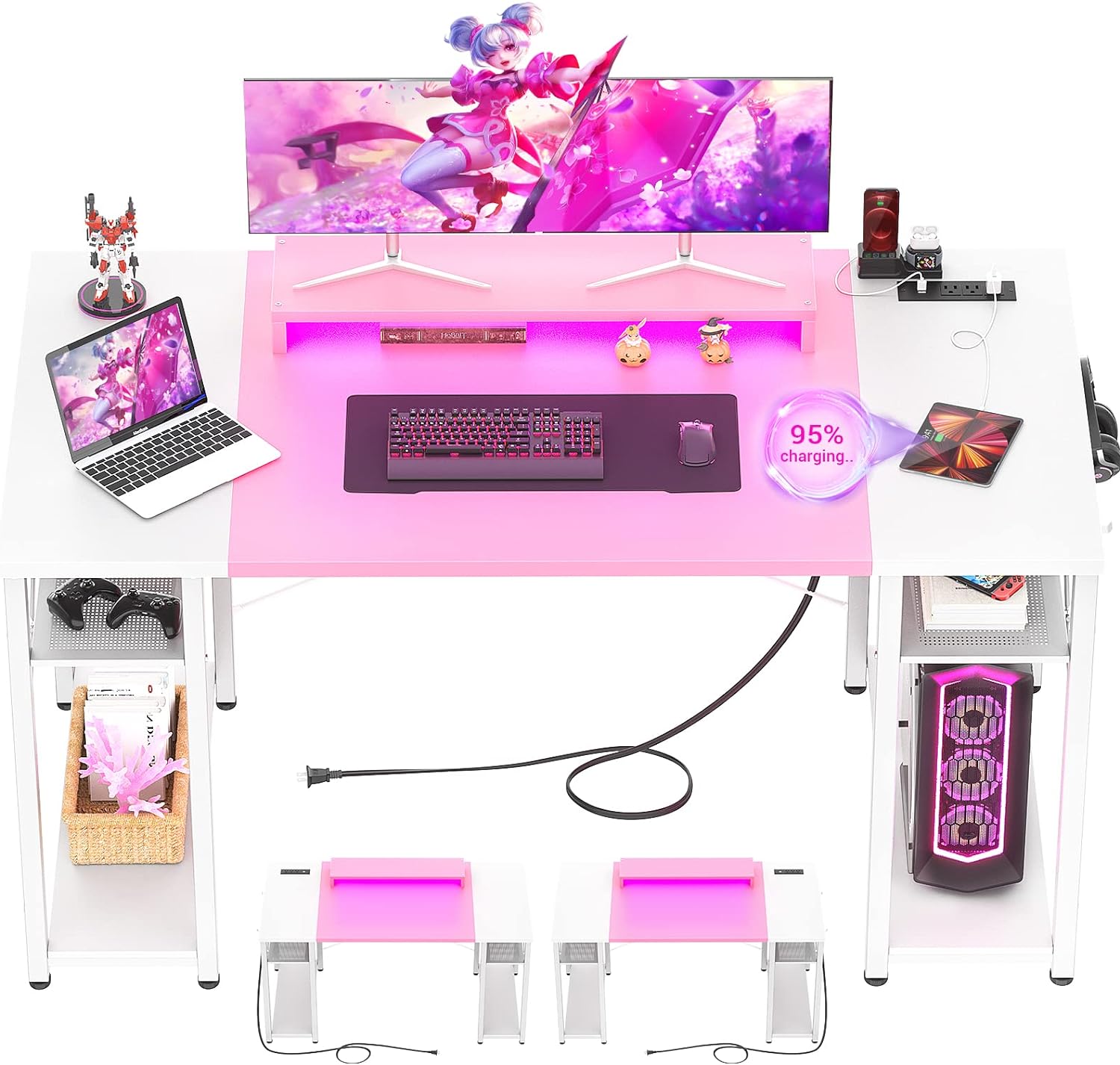 armocity Computer Desk with LED Lights, 55 Inch Desk with Power Outlet and USB, Reversible Large Desk with Moveable Monitor Stand, 55.2'' Gaming PC Table for Home Office, Workstation, Pink and White