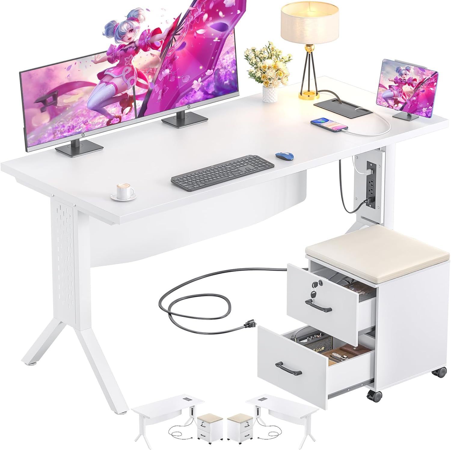 armocity 55 Gaming Computer Desk with Rolling End Table, Large Home Office Desk with File Cabinet, Sturdy Gaming Desk with Thick Desktop for Home Office, White