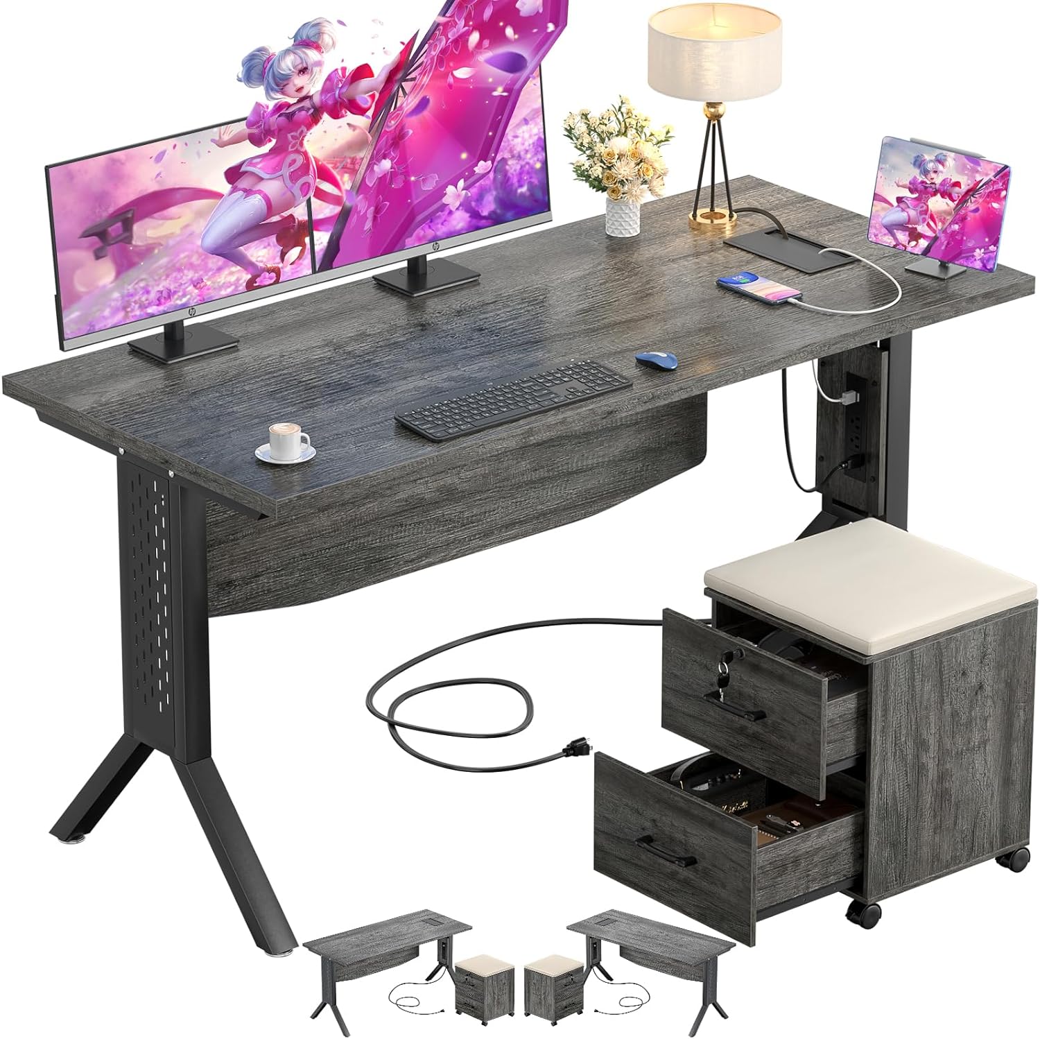 armocity 55 Gaming Computer Desk with Rolling End Table, Large Home Office Desk with File Cabinet, Sturdy Gaming Desk with Thick Desktop for Home Office, Oak