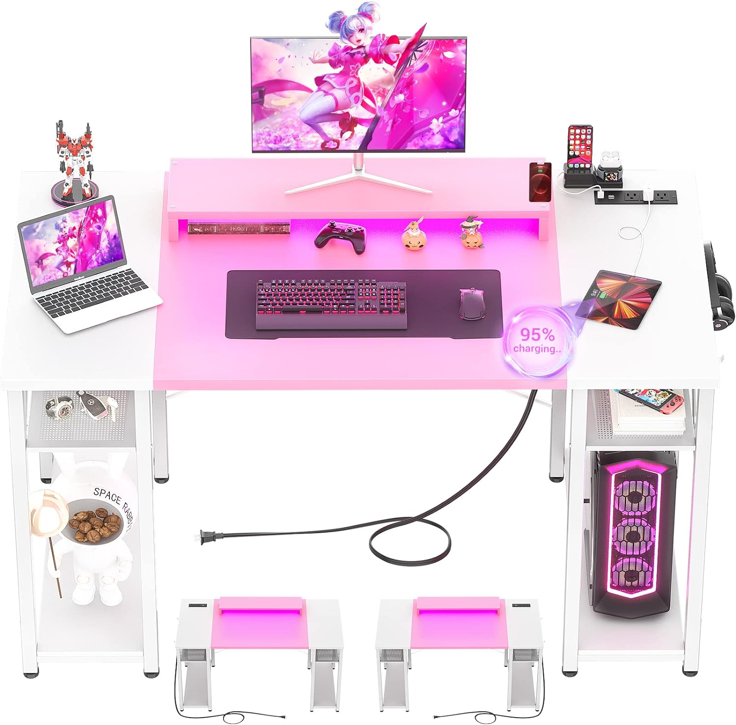 armocity Computer Desk with LED Lights, 48 Inch Desk with Power Outlet and USB, Reversible Large Desk with Moveable Monitor Stand, 48'' Gaming PC Table for Home Office, Workstation, Pink and White