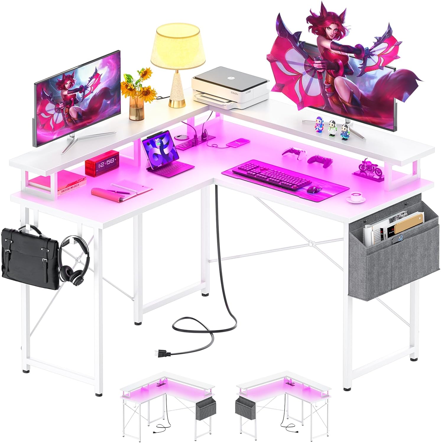 armocity L Shaped Computer Desk with Power Outlets, 40 Inch Small Gaming Desk L Shaped with LED Lights, Corner L Desk with Storage Shelves for Bedroom, Small Spaces, White