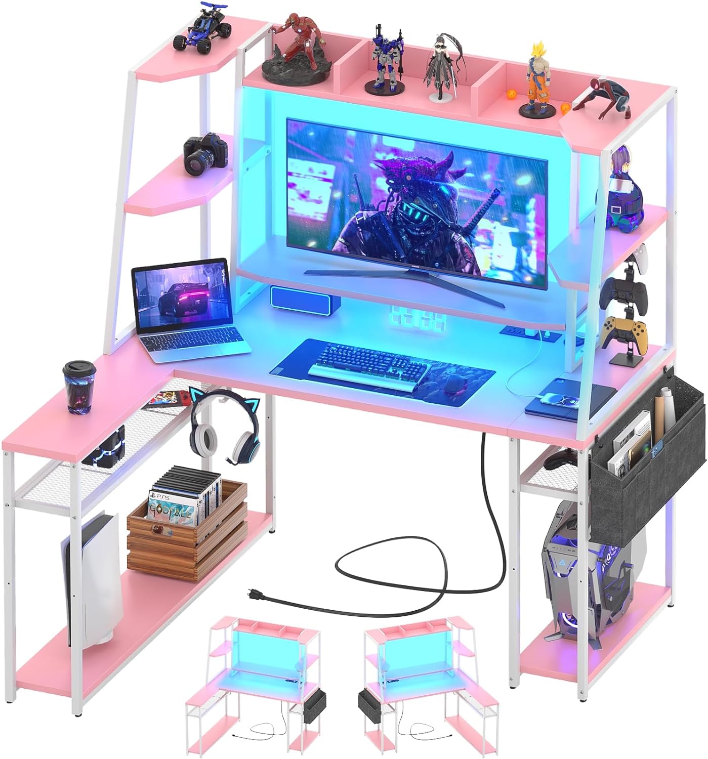 L Shaped Gaming Desk - Pink Gaming Desk with Hutch & Shelves, 47'' Gaming Computer Desk with LED Lights & Charging, Reversible PC Gaming Desk L Shape with Storage, L Desk for Gaming with Monitor Stand