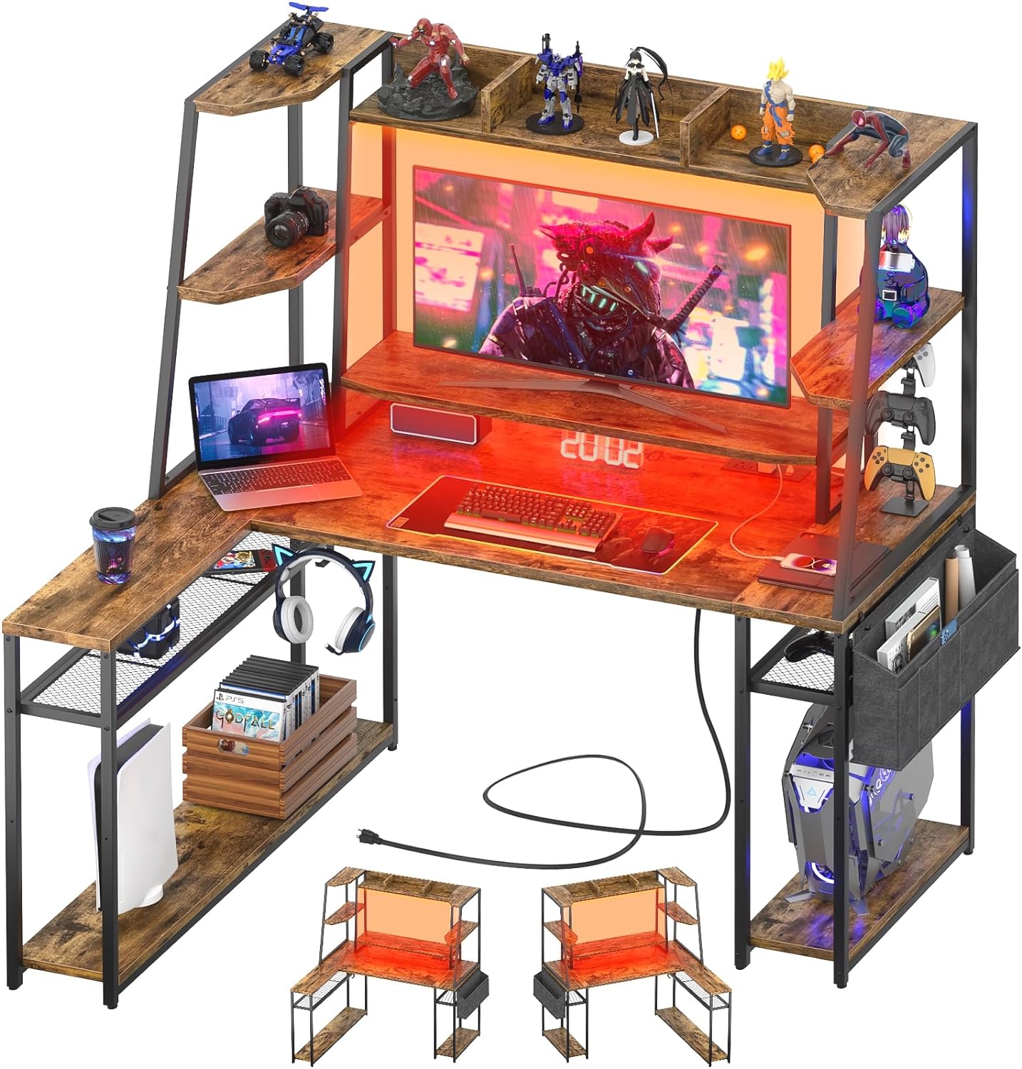 L Shaped Gaming Desk with Hutch, 47'' Gaming Computer Desk with LED Lights & Power Strips, Reversible L-shaped PC Gaming Desk with Storage Shelves, L Desk for Gaming with Monitor Stand, Rustic Brown