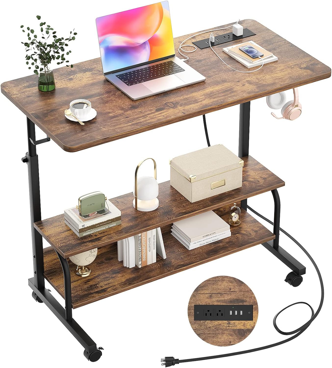 Height Adjustable Standing Desk with Power Outlets, 32 Manual Stand Up Desk with Storage Shelves Small Mobile Rolling Computer Desk Portable Laptop Table with Wheels for Home Office, Rustic