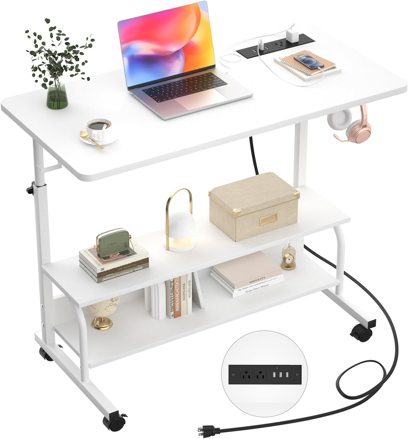 Height Adjustable Standing Desk with Power Outlets, 32 Manual Stand Up Desk with Storage Shelves Small Mobile Rolling Computer Desk Portable Laptop Table with Wheels for Home Office, White