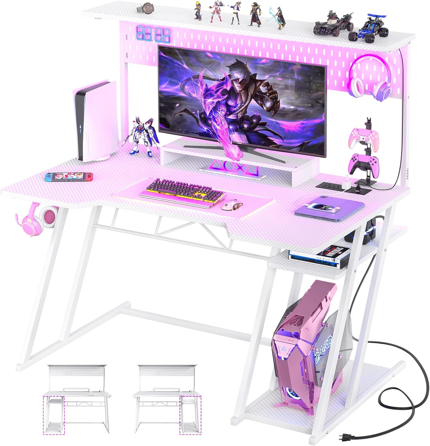 Gaming Computer Desk with Storage Shelves & Z-Shaped Legs, White Gaming Desk with Hutch and LED Lights, Reversible PC Gaming Desk with Pegboard for Bedroom & Small Spaces, Carbon Fiber Surface, 47''