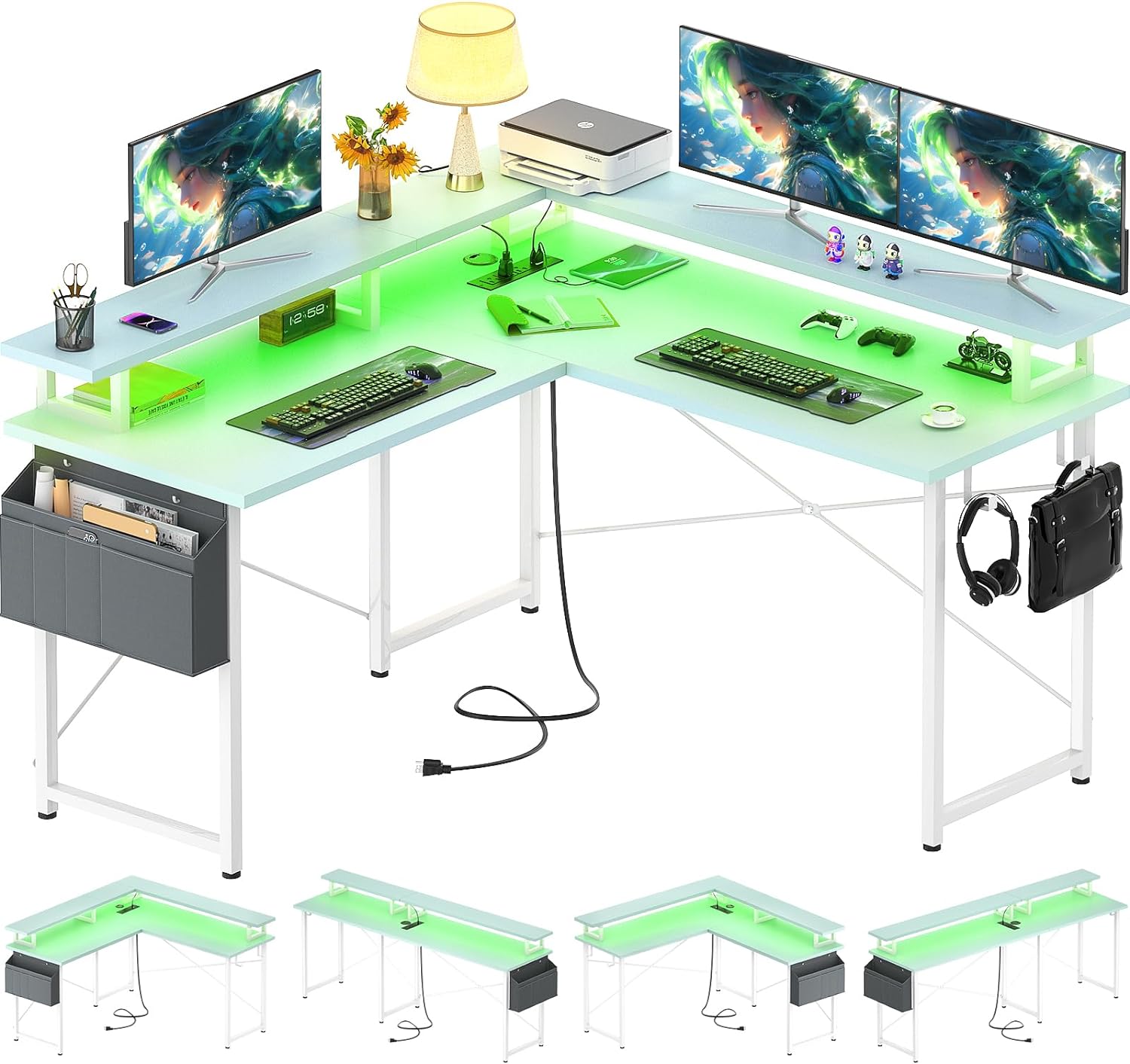 armocity L Shaped Computer Desk with Power Outlets, Gaming Desk L Shaped with LED Lights, Corner Desk with Storage Shelves, Work Study Desk for Bedroom, Home Office Small Spaces, 47'', Green