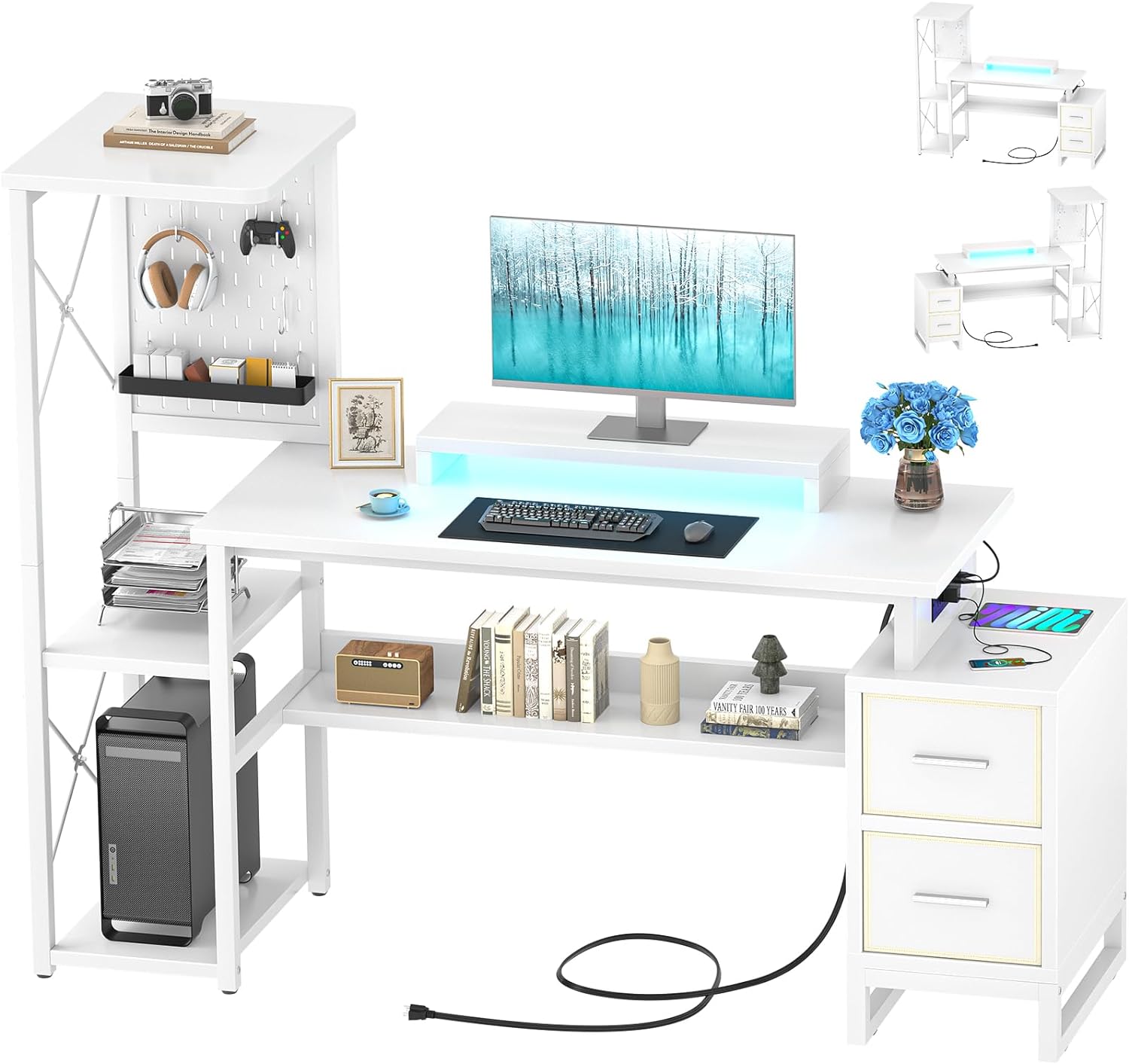 Computer Desk with 2 Fabric Drawers - Reversible Home Office Desk with Power Outlet & LED Lights, 53 Writing Desk with Monitor Stand & Storage Shelves, Gaming Desk Study Table with Pegboard, White