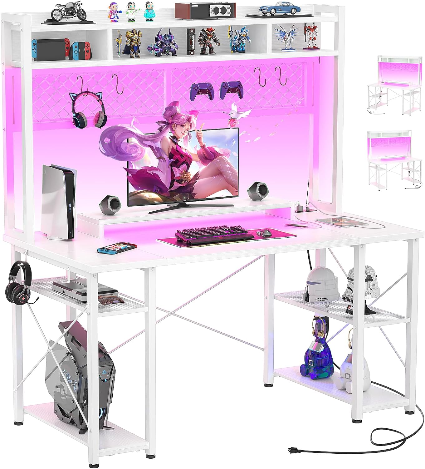 armocity 2024 Upgrade Gaming Desk with Hutch, 48'' Magic Computer Desk with LED Lights and Outlets, Reversible Workstation Desk with Pegboard and Monitor Stand, 48 Gamer Desk PC Table, White