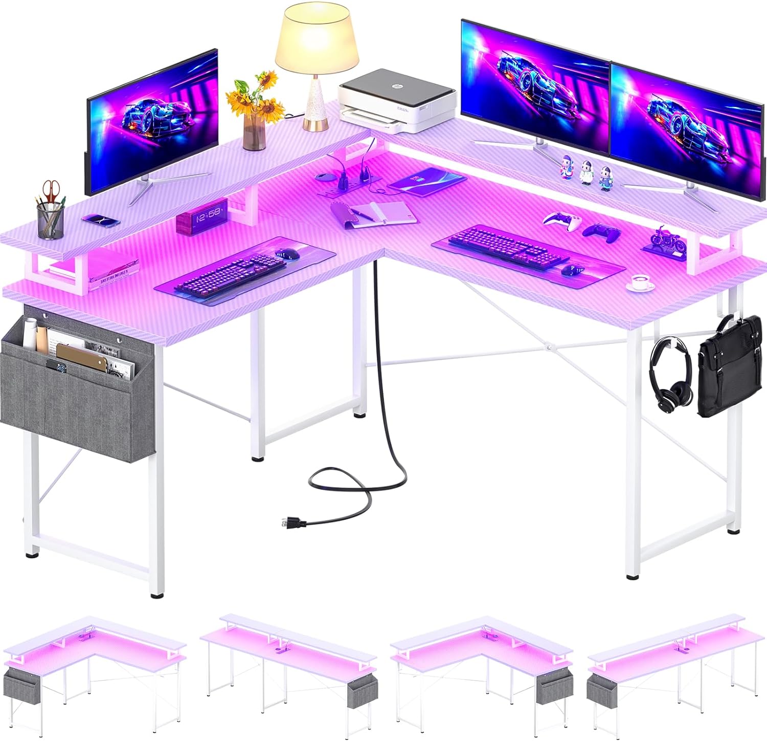 armocity L Shaped Computer Desk with Power Outlets, Gaming LED Lights, Corner Storage Shelves, Work Study for Bedroom, Home Office Small Spaces, 47'', Carbon Fiber Purple