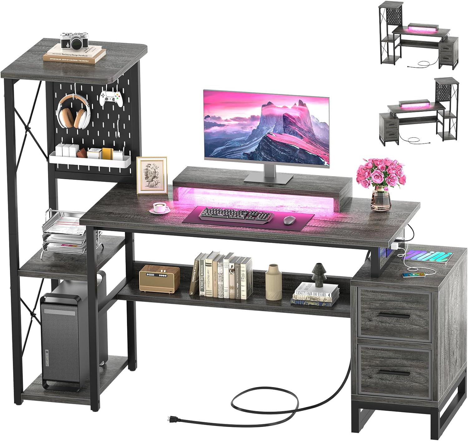 Computer Desk with 2 Fabric Drawers - Reversible Home Office Desk with Power Outlet & LED Lights, 53 Writing Desk with Monitor Stand & Storage Shelves, Gaming Desk Study Table with Pegboard, Grey Oak