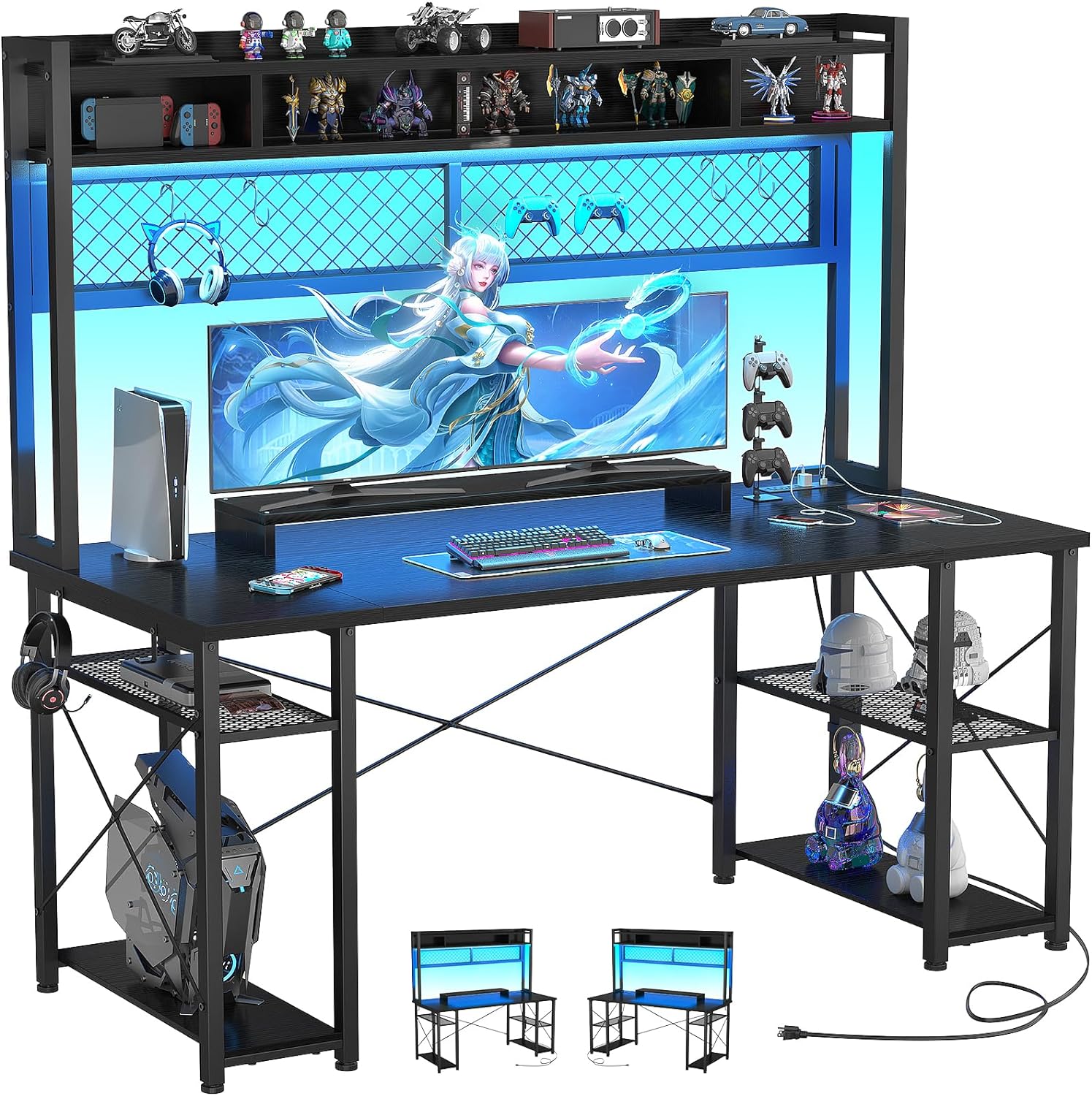 armocity 2024 Upgrade Gaming Desk with Hutch, 55.2'' Magic Computer Desk with LED Lights and Outlets, Reversible Workstation Desk with Pegboard and Monitor Stand, Gamer Desk PC Table, Black