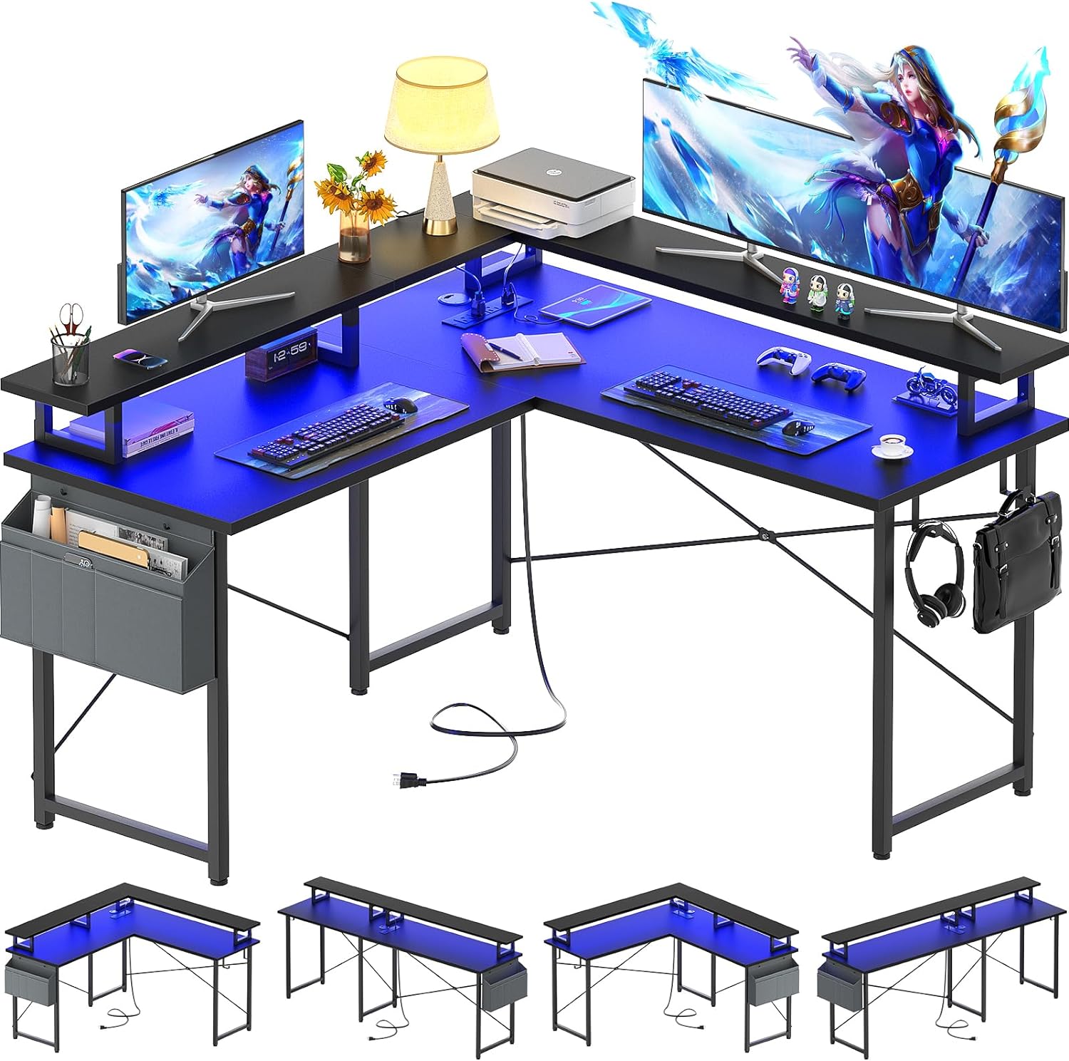 armocity L Shaped Computer Desk with Power Outlets, Gaming Desk L Shaped with LED Lights, Corner Desk with Storage Shelves, Work Study Desk for Bedroom, Home Office Small Spaces, 47'', Black