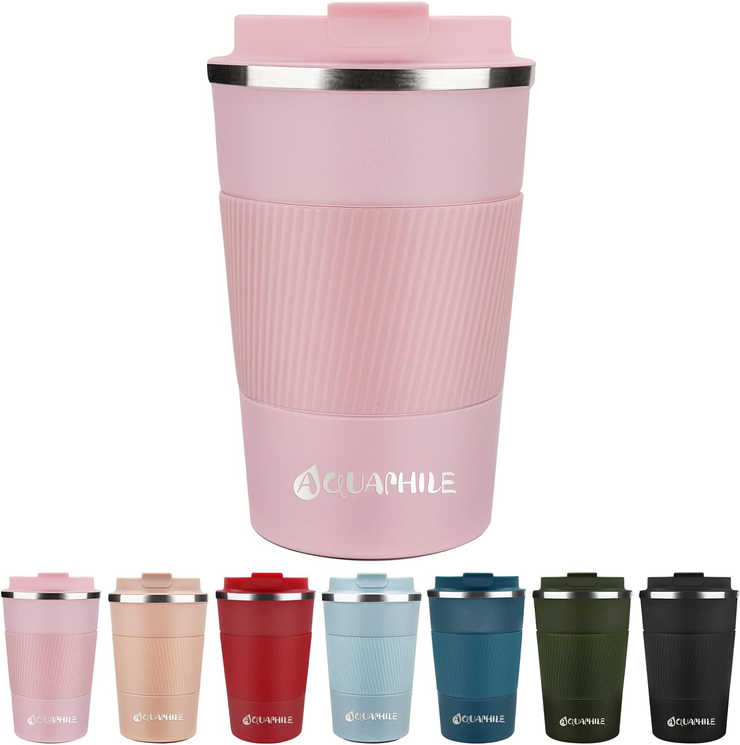 AQUAPHILE Reusable Coffee Cup, Coffee Travel Mug with Leak-proof Lid, Thermal Mug Double Walled Insulated Cup, Stainless Steel Portable Cup with Rubber Grip, for Hot and Cold Drinks(New-Pink, 12 Oz)