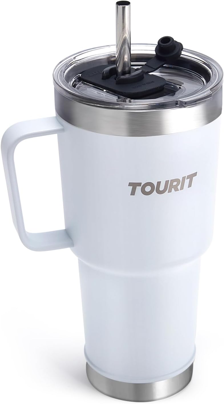 TOURIT 30oz Insulated Tumbler with Handle and Straw, 3 in 1 Sip-All-Way Reusable MagSlider Lid. Double Wall Sweat-proof BPA Free to Keep Beverages Cold For 24Hrs or Hot For 8Hrs - White