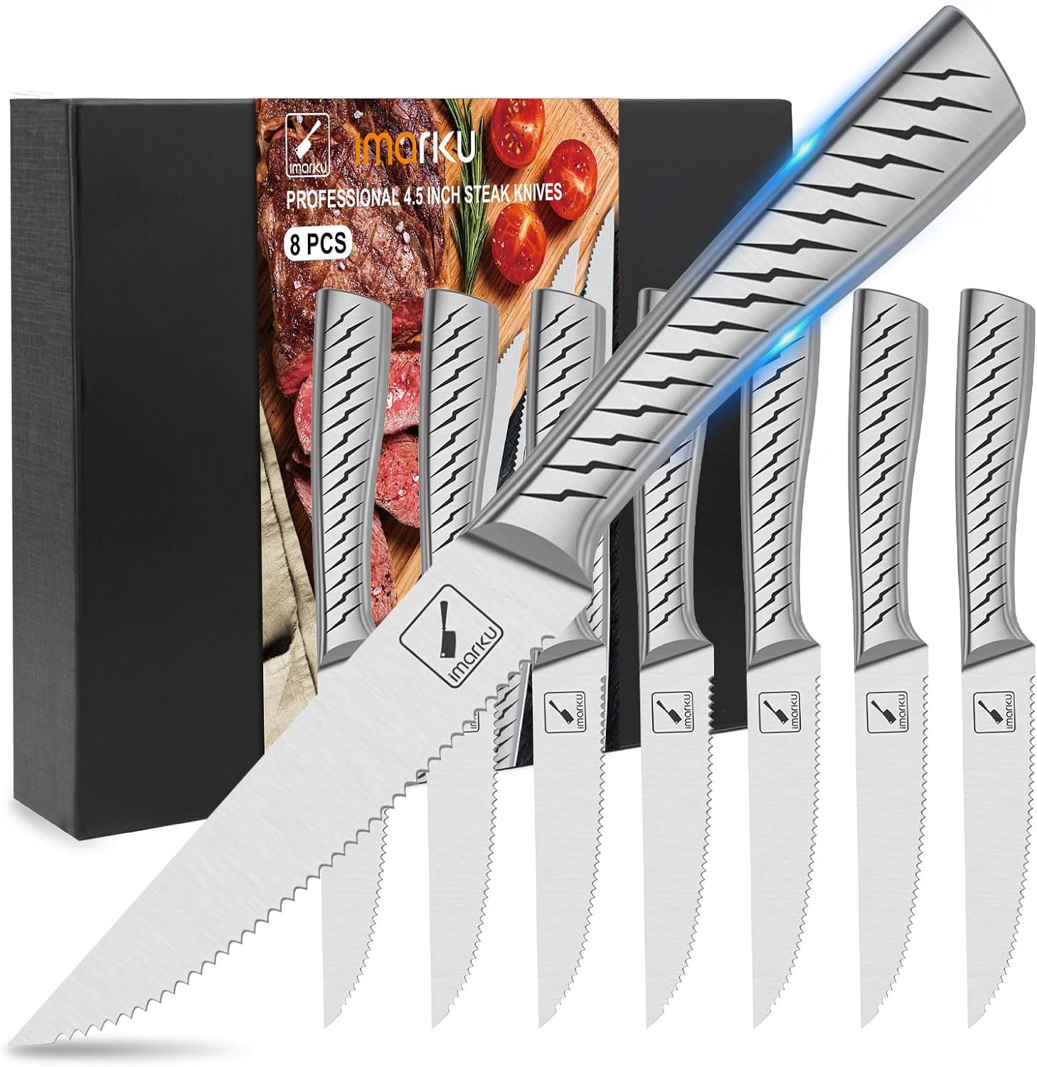 imarku Serrated Steak Knife Set, 8 Pieces with Lightning Bolt Handles - Premium High Carbon Stainless Steel, Dishwasher Safe