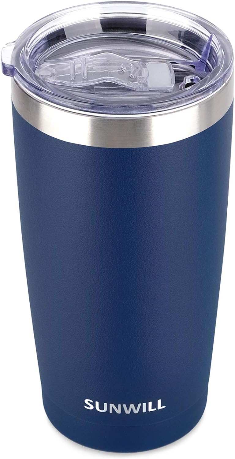 SUNWILL 20oz Tumbler with Lid, Stainless Steel Vacuum Insulated Double Wall Travel Tumbler, Durable Insulated Coffee Mug, Powder Coated Navy, Thermal Cup with Splash Proof Sliding Lid