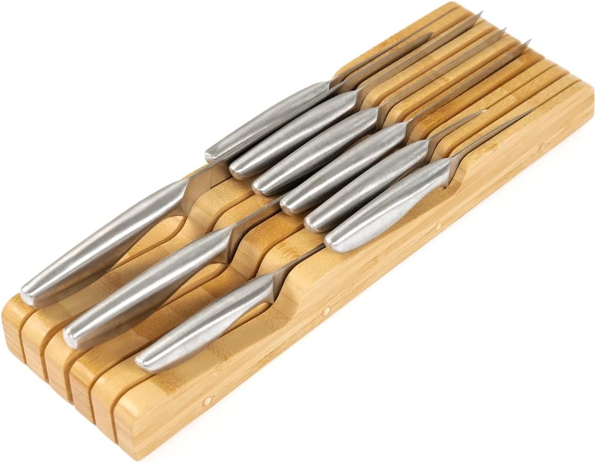 Bamboo Kitchen Knife Block Holder Organizer - Holds 5 Long   6 Short Knives (Not Included), Fits Most Knife Sizes, Rubber Feet, Sustainable Bamboo, In-Drawer Design