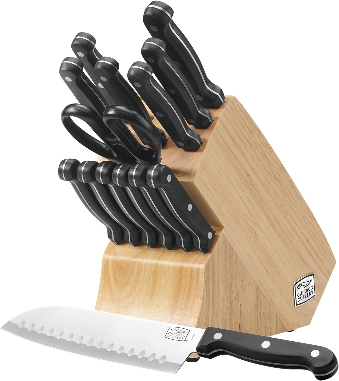 Chicago Cutlery Essentials 15 Piece Stainless Steel Kitchen Knife Set with Shears, Paring, Fruit, Utility, Santoku, Bread, and Steak Knives, Knife Set for the Kitchen with Block