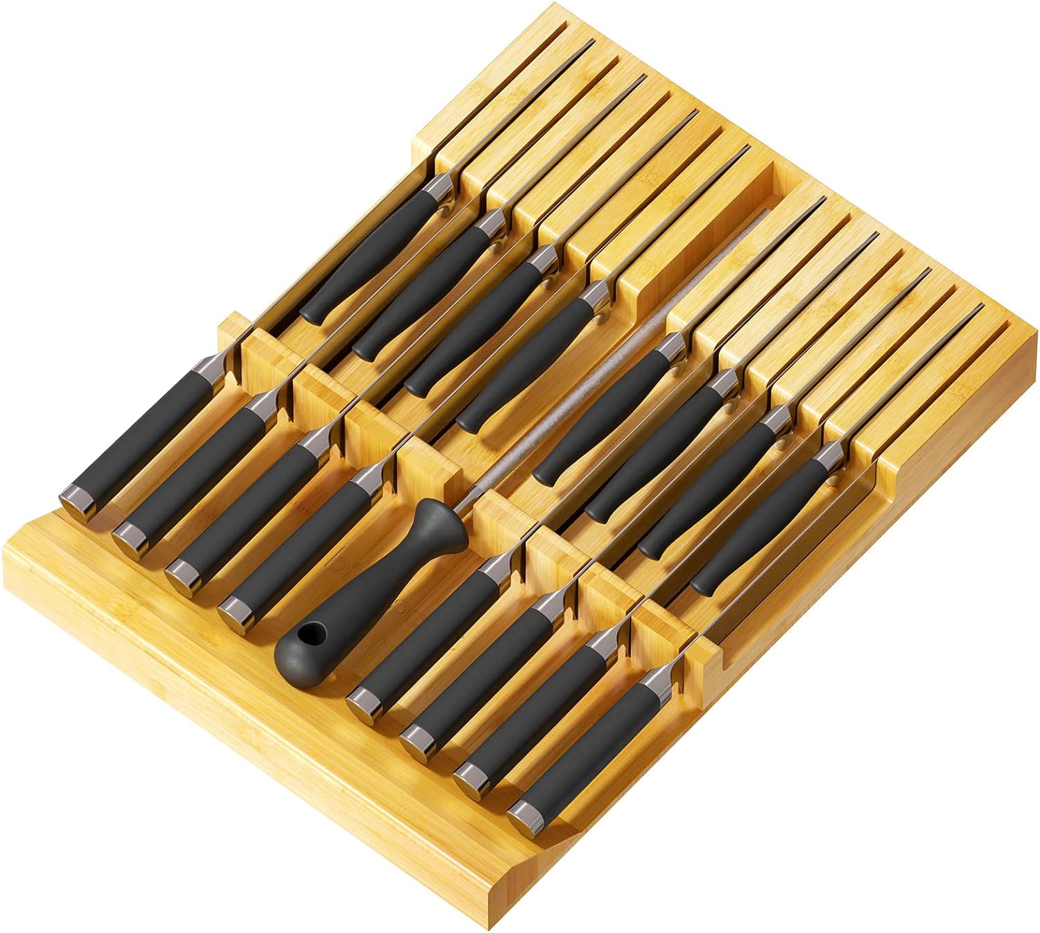 SpaceAid Bamboo Knife Drawer Organizer Insert, Kitchen Steak Knives Holder Organizers Block for Drawer Storage Organization (16 Knife Slots and 1 Sharpener Slot)