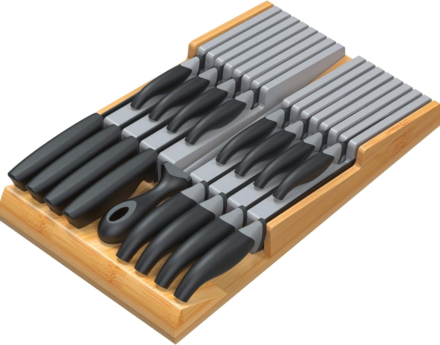 NIUXX In-Drawer Knife Block Set without Knives, Kitchen Gray Drawer Steak Knife Holder Organizer, Detachable Cutlery Storage Rack for 16 knives and 1 Sharpening Steel