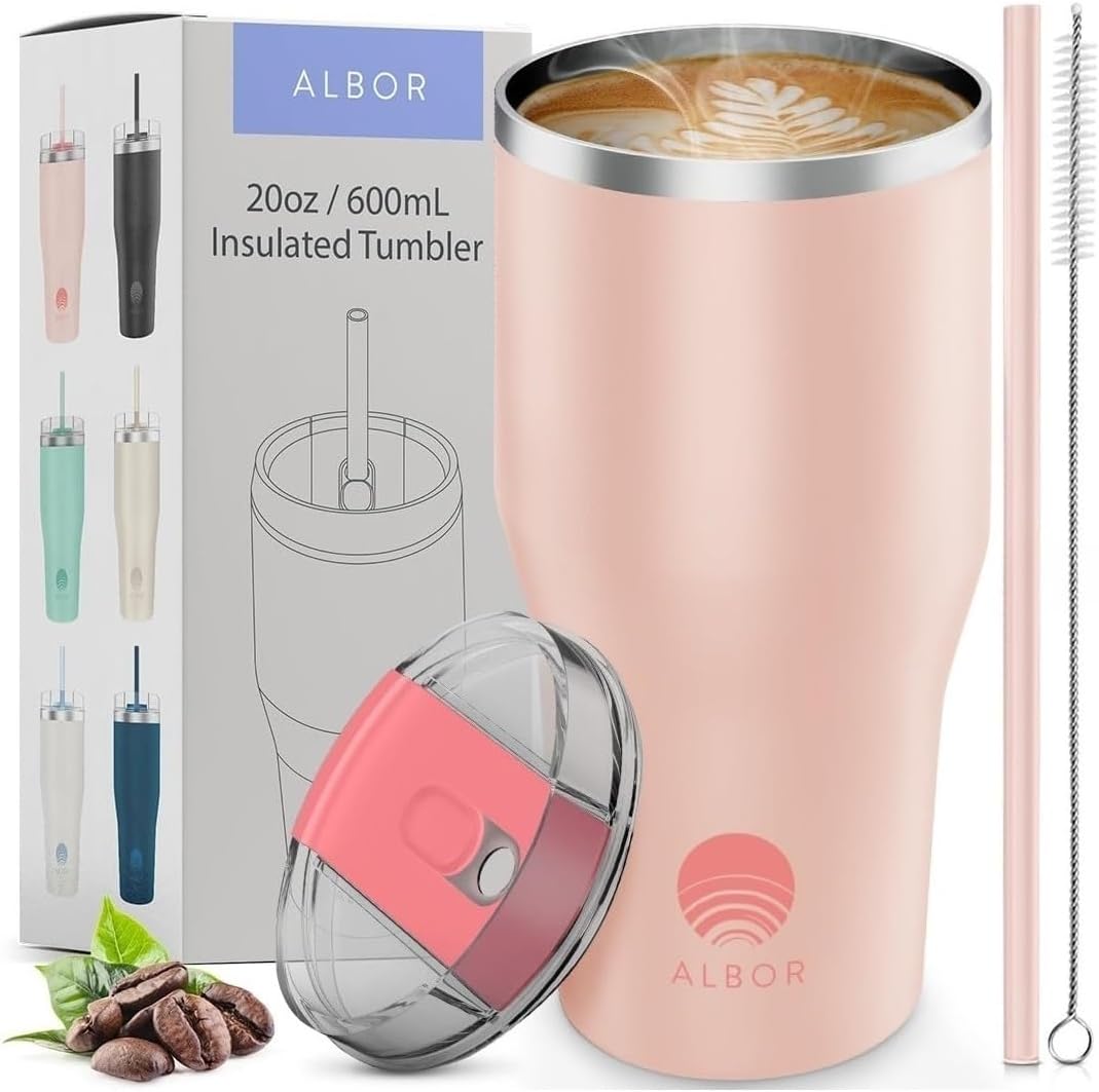 ALBOR 20 oz Insulated Coffee Tumbler With Lid and Straw, Insulated Water Bottle, Stainless Steel Tumbler, Leak Proof Water Bottle, Travel Coffee Mug (20 oz, Pink)