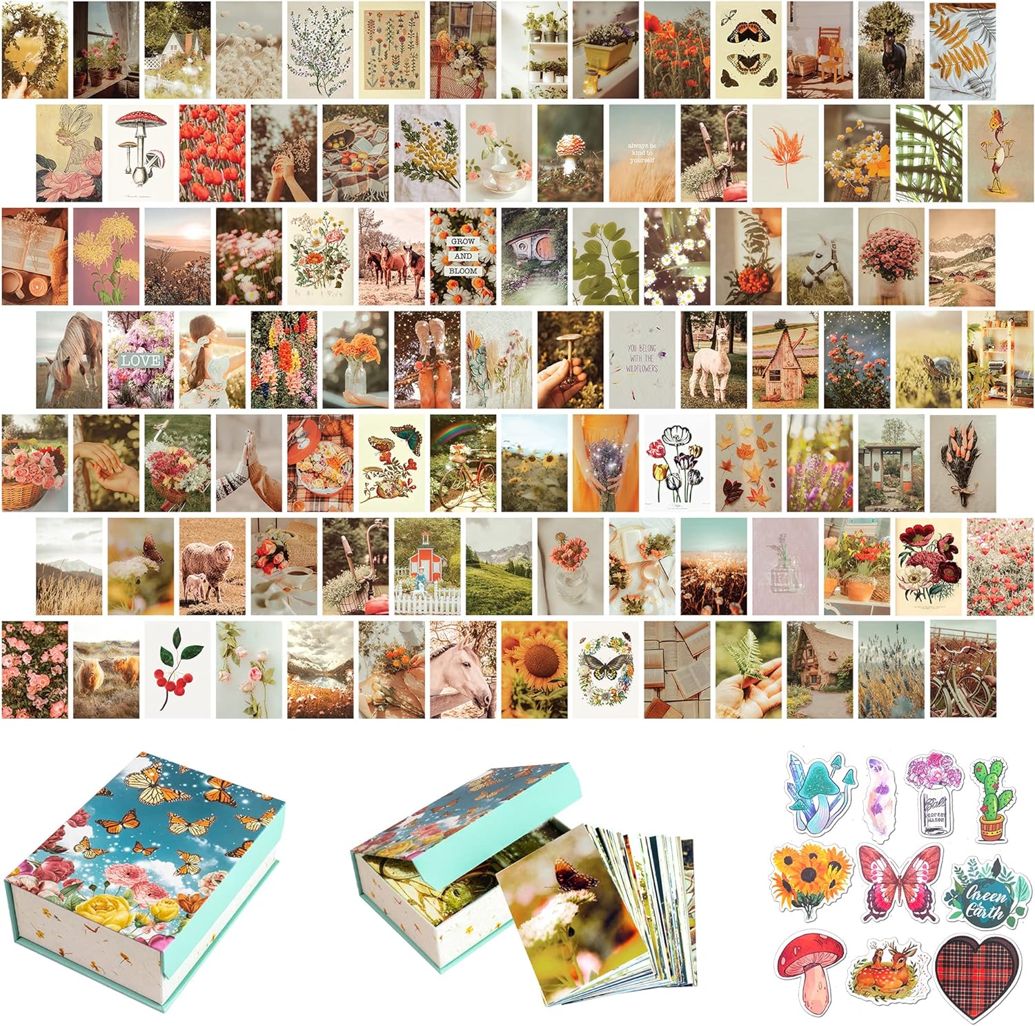 Artivo Wall Collage Kit Aesthetic Pictures, Cottagecore Wall Collage Kit, Bedroom Decor for Teen Girls, Nature Boho Collage Kit for Wall Aesthetic Posters, 100 Set 4x6 inch, Photo Collection