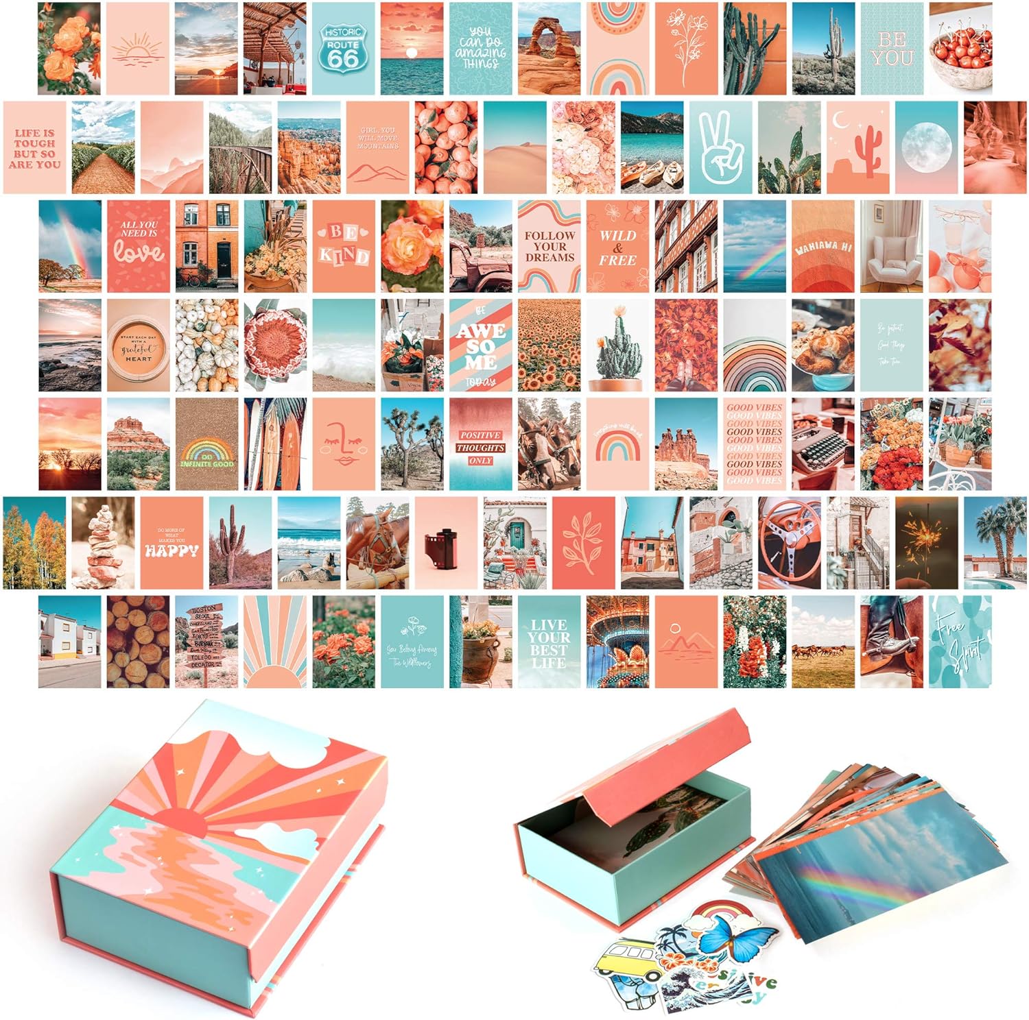 Peach Aesthetic Wall Collage Kit, Room Decor for Teen Girls, Peachy Teal Wall Art Print, Dorm Photo Collection, Boho Posters for Room Aesthetic (Peach 100 Set)