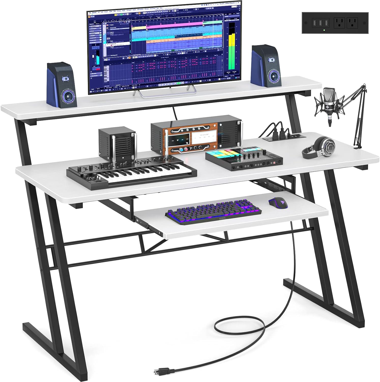 Armocity 47'' Music Studio Desk with Power Outlet, Studio Desk for Music Production, Recording Studio Desk for Producer, Studio Workstation Desk for Music Recording, Piano Tray, Raised Stand, White