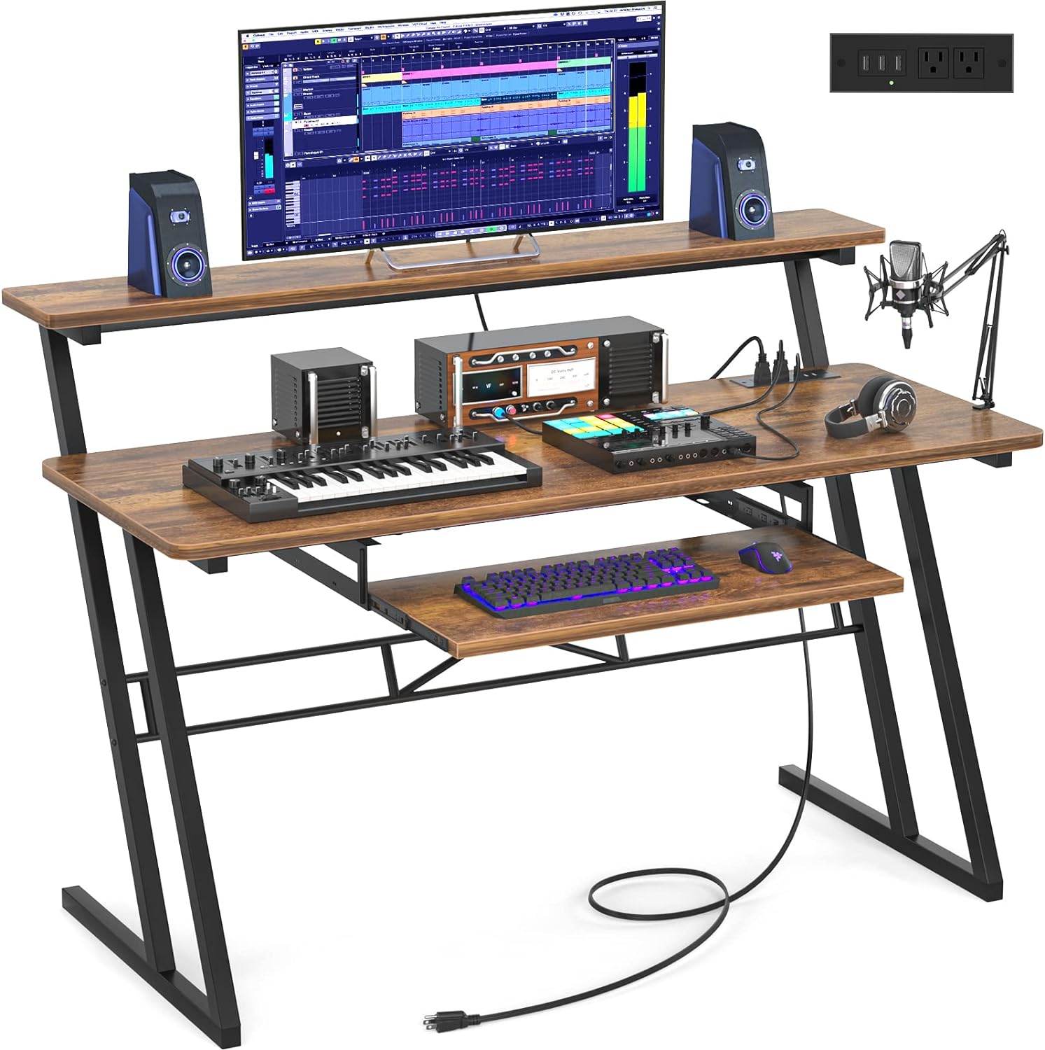 armocity 47'' Music Studio Desk with Power Outlet, Studio Desk for Music Production, Recording Studio Desk for Producer, Studio Workstation Desk for Music Recording, Piano Tray, Raised Stand, Rustic