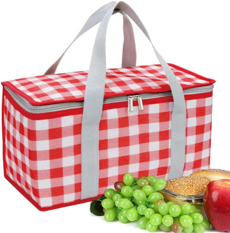 Insulated Picnic Bag Cooler Reusable, Beach Bag Cooler Bags with Zippered Top - Insulated Bag for Hot or Cold,Picnic Basket Collapsible, Picnic,Beach, Outdoor (13.8x7.9x7.9 in) (RED)