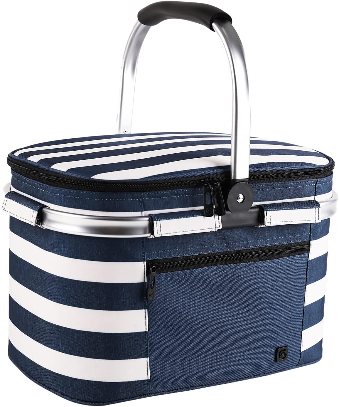 ALLCAMP Insulated Picnic Baskets Shoping Basket Cooler Bag Collapsible Portable Picnic Basket (Blue White Stripe)