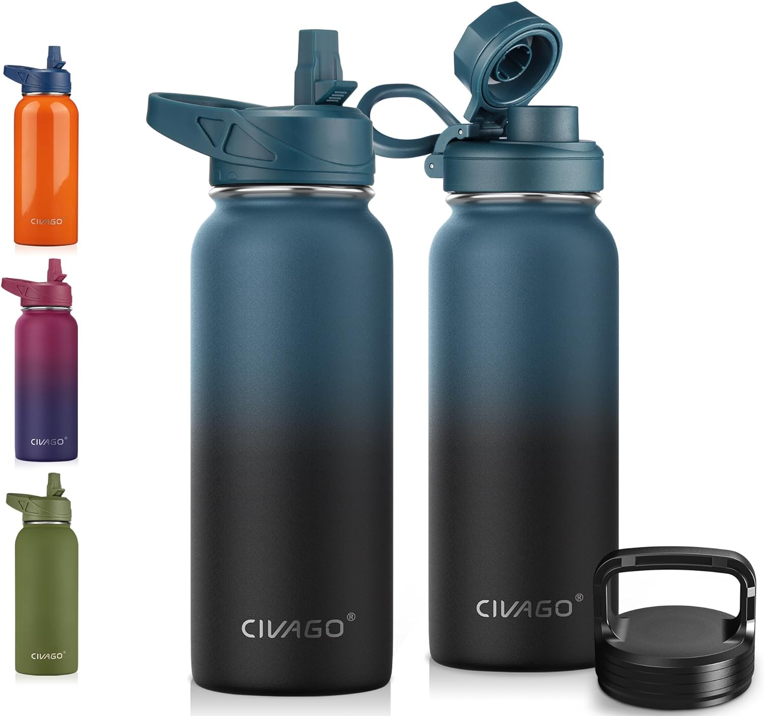 CIVAGO 32 oz Insulated Water Bottle With Straw, Stainless Steel Sports Water Cup Flask with 3 Lids (Straw, Spout and Handle Lid), Wide Mouth Travel Thermal Mug, Indigo Black